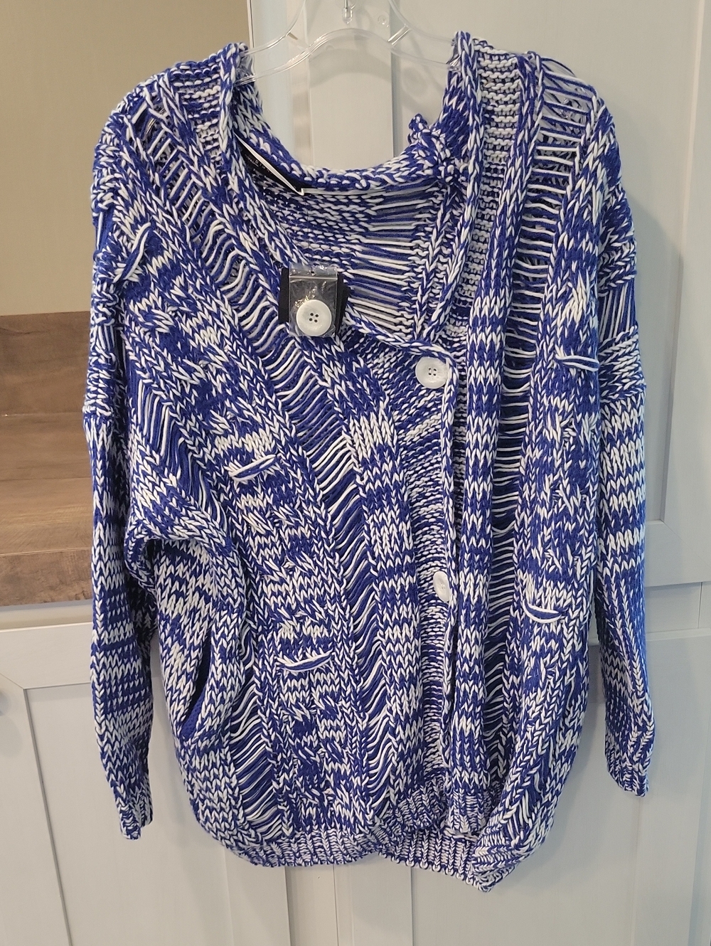 Signature8 Blue and White Marled Button-Front Cardigan